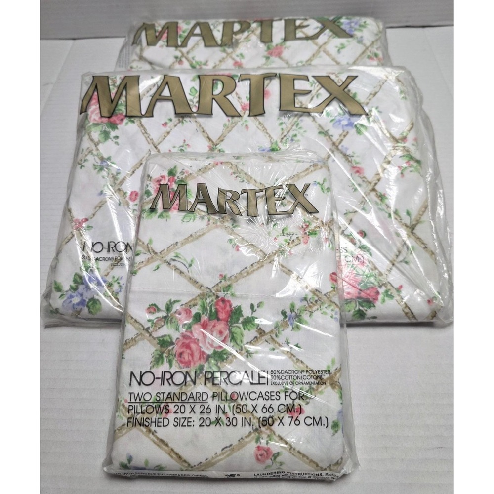 Vintage Martex Gazebo Full Sheet Set NOS Floral Trellis No-Iron Percale USA